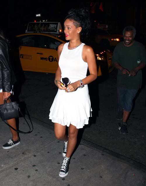 Rihanna-white-A.L.C.-Lena-Flare-Dress-Converse-Chuck-Taylor-Sneakers-nyc-2